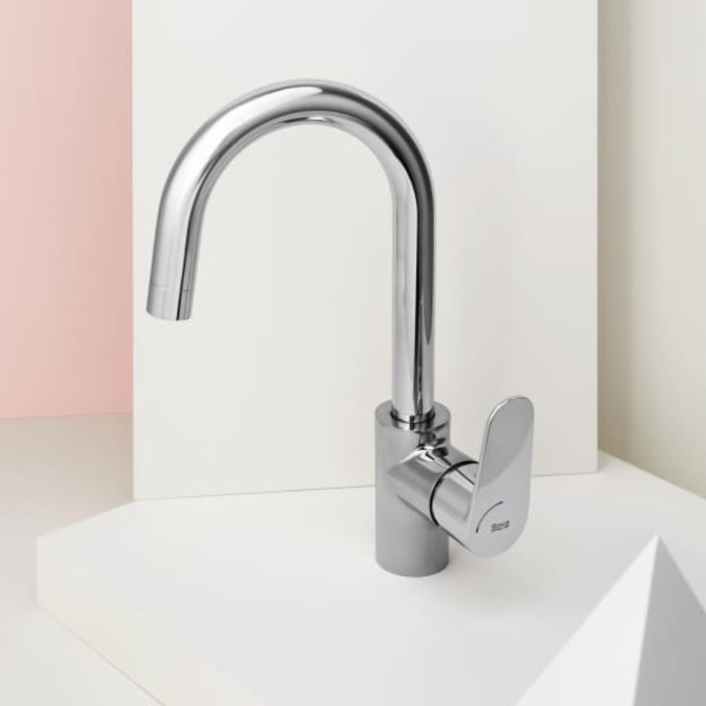 Lifestyle image of the Roca Victoria Plus Chrome Tall Basin Mixer Tap with Side Handle & Click-Clack Waste